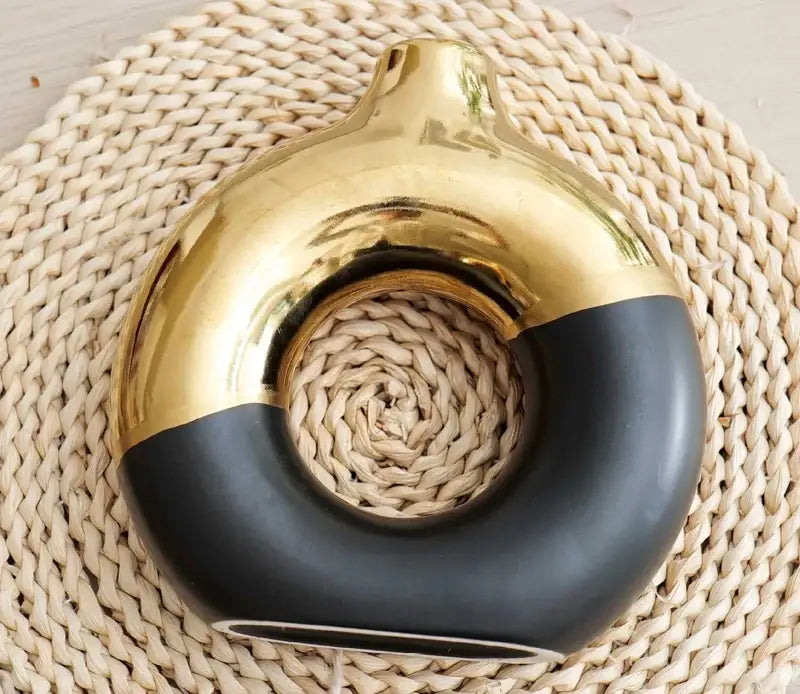 Vase Black Gold Circle Vase by Decorbites, glossy gold top half with matte black bottom donut on Tampa Home & Garden Store