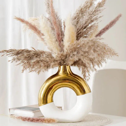Black Gold Circle Vase by Decorbites, gold upper arc with white lower circle, pampas grass on Tampa Home & Garden Store