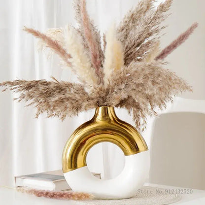 Decorbites Black Gold Circle Vase gold-white with circular hollow base pampas grass on Tampa Home & Garden Store