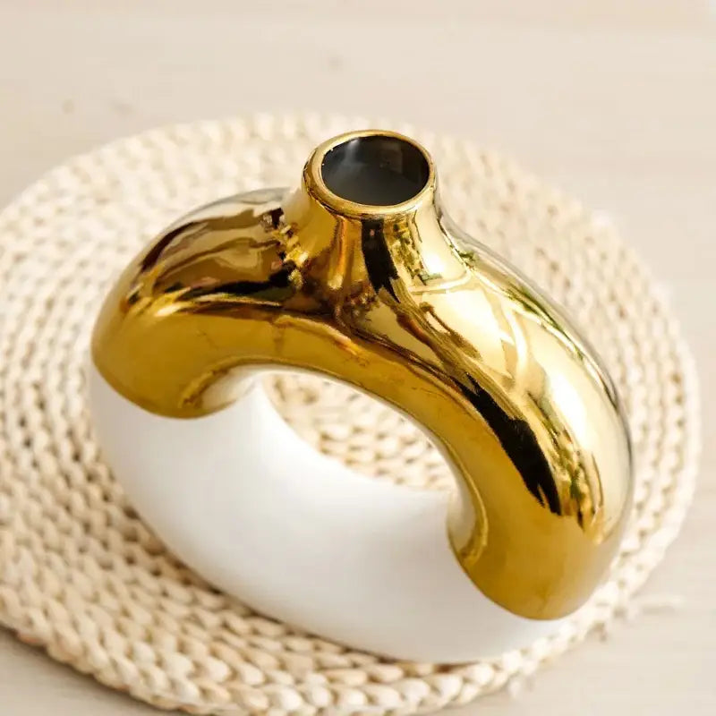 Black Gold Circle Vase by Decorbites, gold-tone curved ceramic vase with white base on Tampa Home & Garden Store