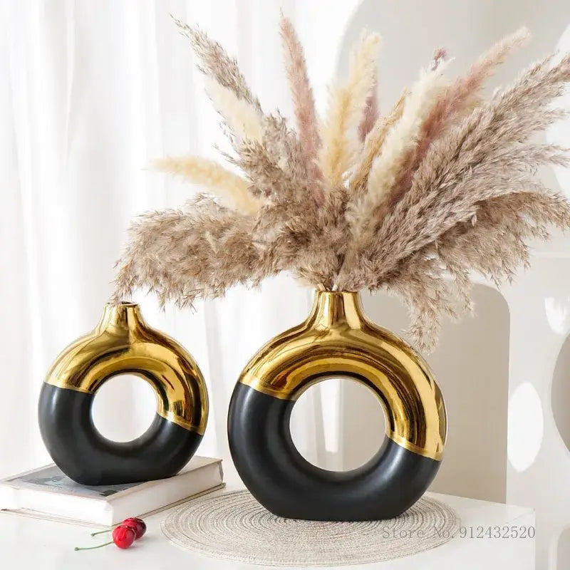 Decorbites Black Gold Circle Vase pair, gold top with black ring base, pampas grass on Tampa Home & Garden Store