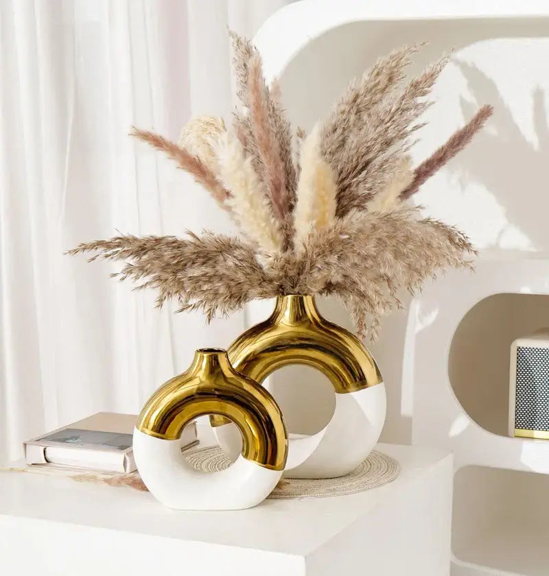 Black Gold Circle Vase pair by Decorbites with white bases and gold arches on Tampa Home & Garden Store