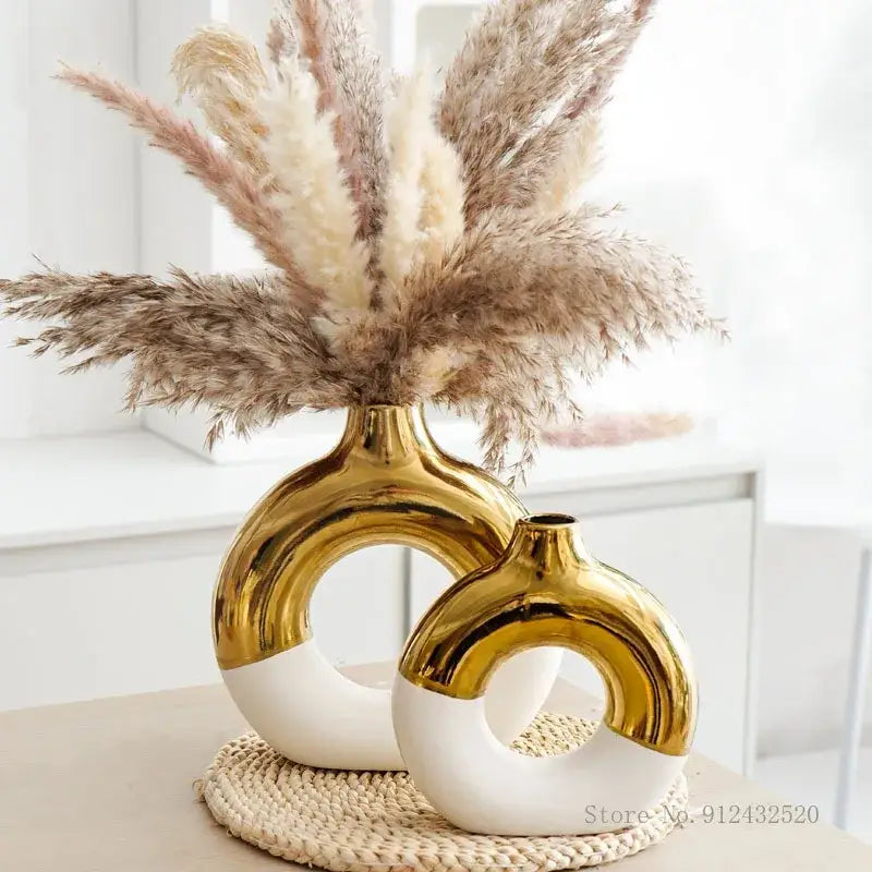 Black Gold Circle Vase set: gold white ceramic vases with circular loop design pampas-grass on Tampa Home & Garden Store