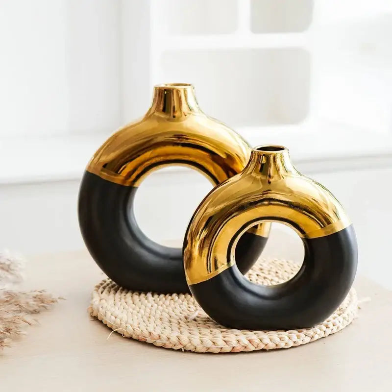 Black Gold Circle Vase pair by Decorbites, gold-topped circular vases with black base on Tampa Home & Garden Store