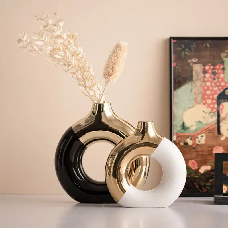Black Gold Circle Vase trio of donut vases in black, gold, white by Decorbites with dried stems on Tampa Home & Garden Store
