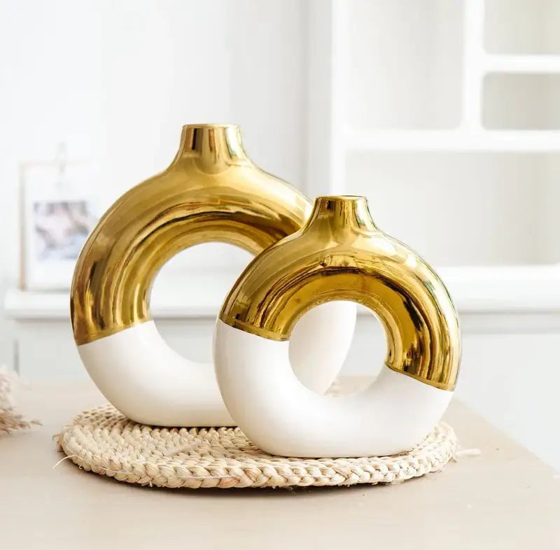 Black Gold Circle Vase pair from Decorbites, gold ring top with white base, circular vases on Tampa Home & Garden Store