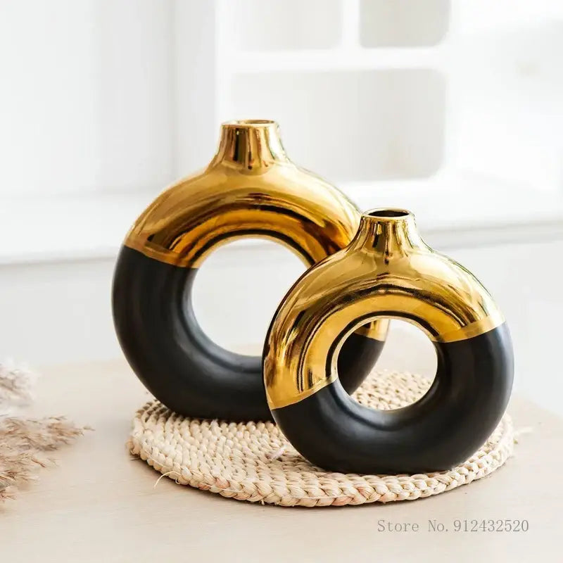 Decorbites Black Gold Circle Vase pair, circular ceramic vases with gold top and black base on Tampa Home & Garden Store