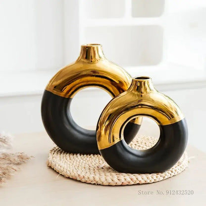 Decorbites Black Gold Circle Vase pair, circular ceramic vases with gold top and black base on Tampa Home & Garden Store