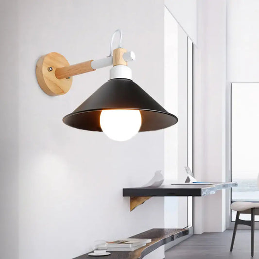 Black Wood Conic Backplate Wall Sconce by Decorbites with wooden arm and exposed bulb on Tampa Home & Garden Store