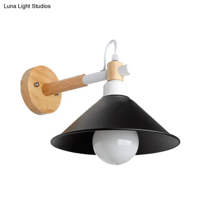 Black Wood Conic Backplate Wall Sconce Decorbites with wooden arm and round wall mount on Tampa Home & Garden Store