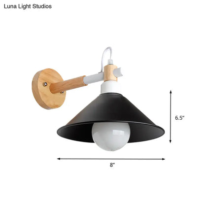 Black Wood Conic Backplate Wall Sconce by Decorbites with wooden arm and black shade on Tampa Home & Garden Store