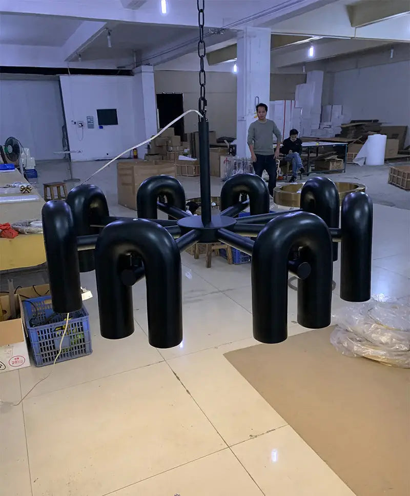 Blue U-Shape Ceiling Light chandelier by Decorbites with dark blue tubular arms around hub on Tampa Home & Garden Store