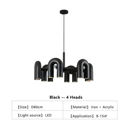 Black U-shape ceiling chandelier with 4 heads and LED lights on Tampa Home & Garden Store