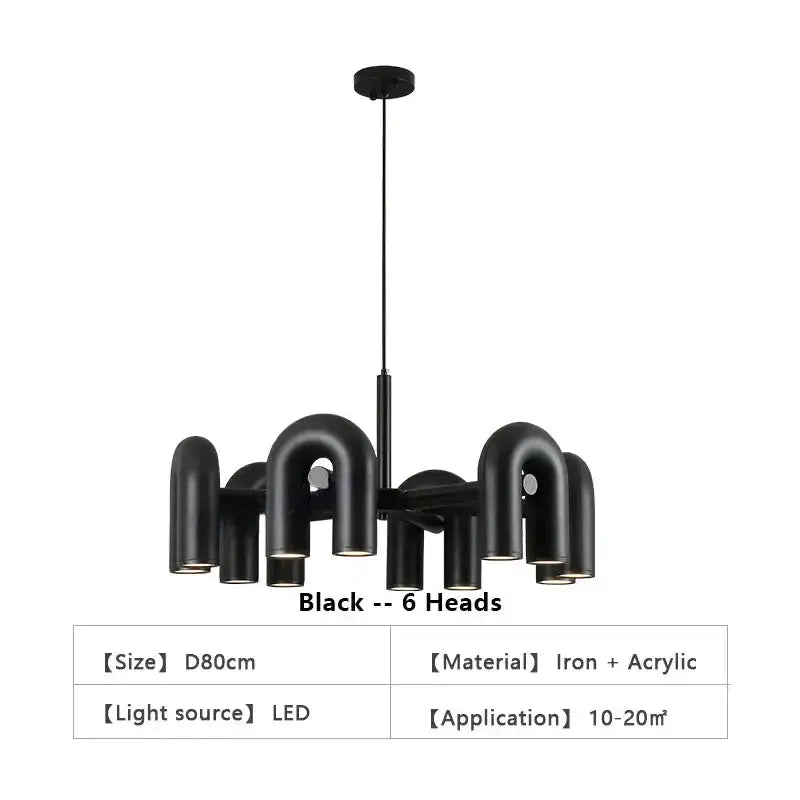 Chandelier black six-head LED ceiling light with U-shaped tubes on Tampa Home & Garden Store