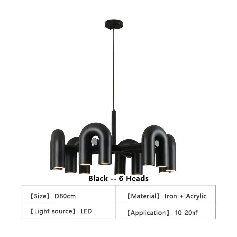 U-Shape Ceiling Light chandelier, black iron + acrylic, 6 heads on Tampa Home & Garden Store
