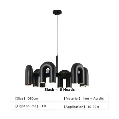 U-Shape Ceiling Light chandelier, black iron + acrylic, 6 heads on Tampa Home & Garden Store