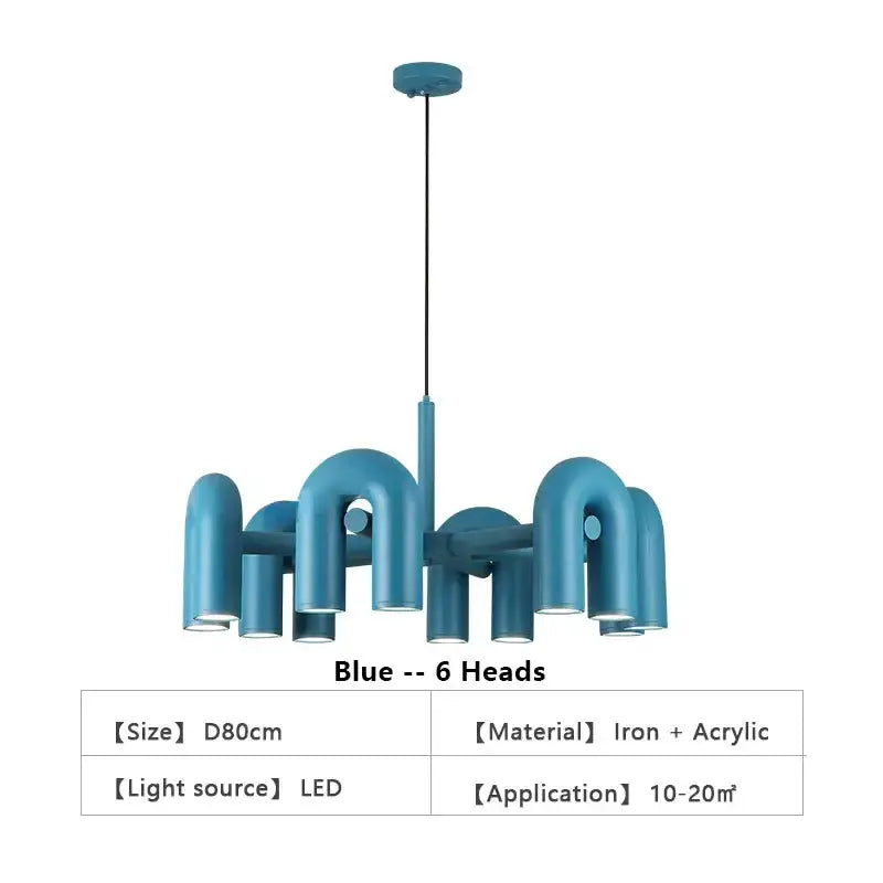 Chandelier Decorbites blue U-shaped LED with six heads, iron + acrylic, ceiling mount on Tampa Home & Garden Store