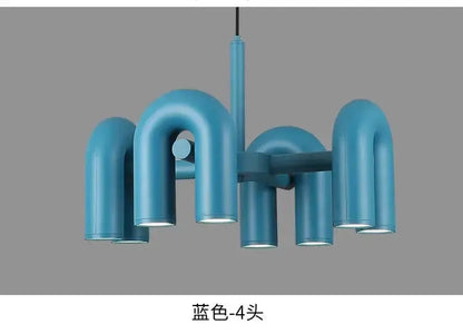 Chandelier blue U-shaped LED ceiling light with four curved arms, modern Decorbites style on Tampa Home & Garden Store