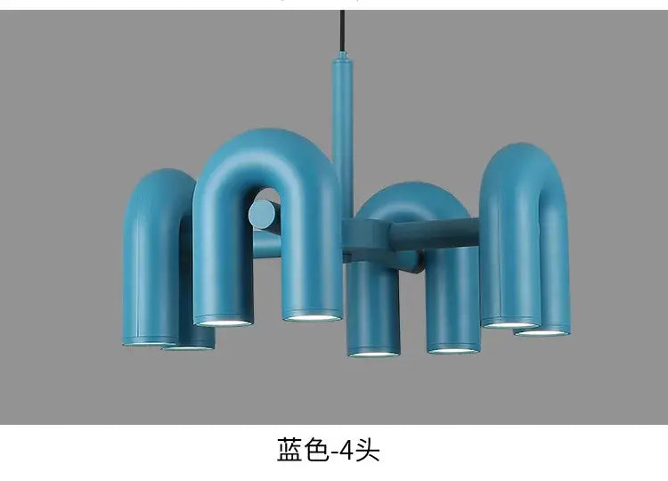 Blue U-shaped chandelier with four curved tube heads Decorbites ceiling light on Tampa Home & Garden Store