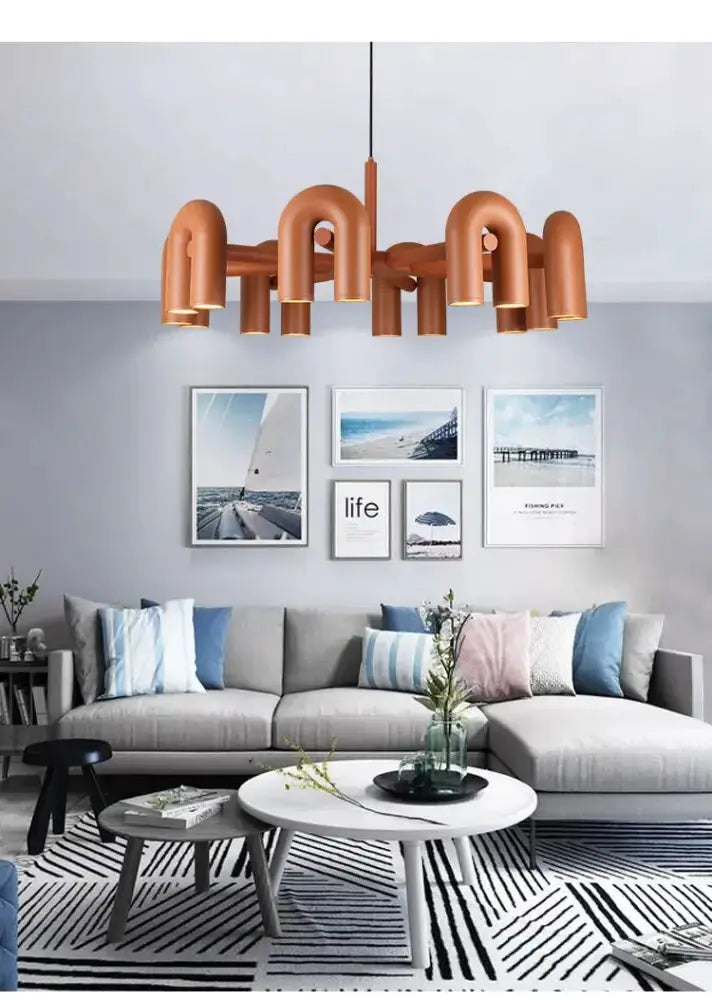 Chandelier Modern red copper U-shaped LED ceiling light by Decorbites over grey sofa on Tampa Home & Garden Store