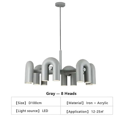 Chandelier gray U-shaped LED ceiling pendant with 8 heads iron + acrylic Decorbites on Tampa Home & Garden Store