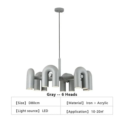 Chandelier gray six-head U-shaped LED pendant light iron + acrylic Decorbites on Tampa Home & Garden Store