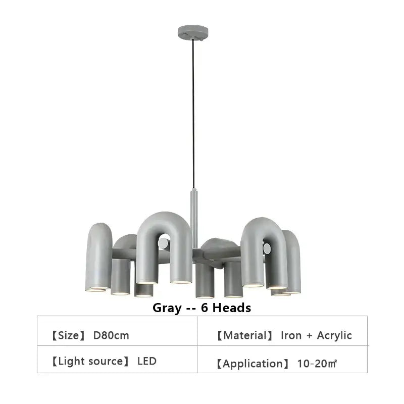 Decorbites gray U-shape ceiling chandelier with six heads, iron + acrylic LED light on Tampa Home & Garden Store