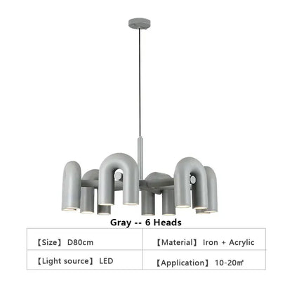 Decorbites gray U-shape ceiling chandelier with six heads, iron + acrylic LED light on Tampa Home & Garden Store