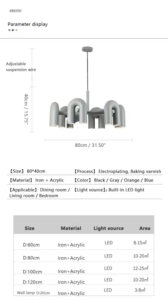 Blue U-Shape chandelier Decorbites iron + acrylic curved arms built-in LED ceiling light on Tampa Home & Garden Store