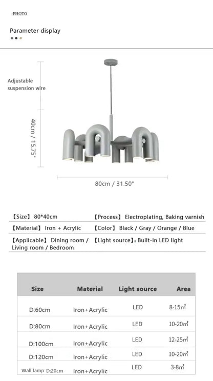 Blue U-Shape chandelier Decorbites iron + acrylic curved arms built-in LED ceiling light on Tampa Home & Garden Store