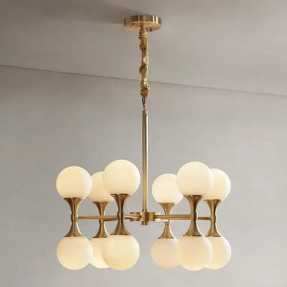 Brass Globe Chandelier with 8 frosted glass globes, brass arms, ceiling mount on Tampa Home & Garden Store