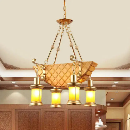 Vintage gold woven pendant light with four orange glass lanterns for kitchen Decorbites on Tampa Home & Garden Store