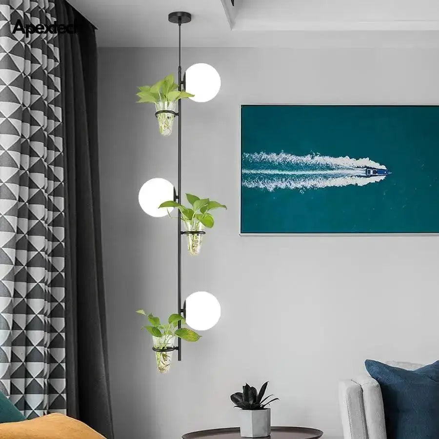 Modern black pendant light by Decorbites with 3 glass globe shades and hanging plant holders on Tampa Home & Garden Store