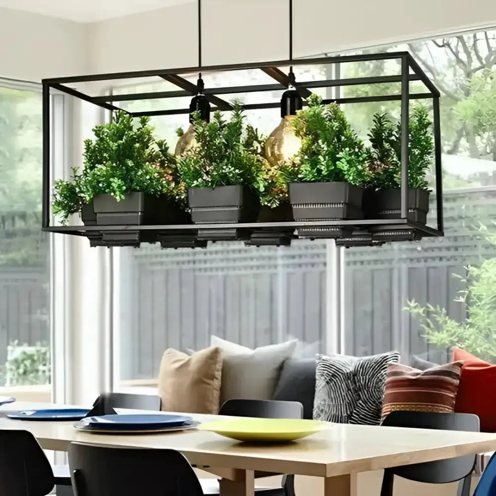 Industrial black metal planter light chandelier Decorbites with hanging bulbs and mini planters on Tampa Home & Garden Store