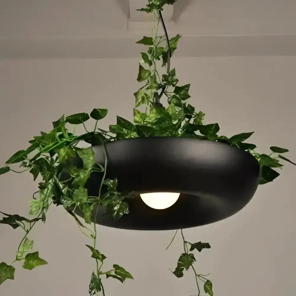 Modern black circular planter pendant light with trailing ivy wrapping and glow on Tampa Home & Garden Store