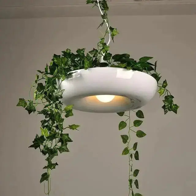 Modern white circular planter pendant light with trailing ivy decor on Tampa Home & Garden Store