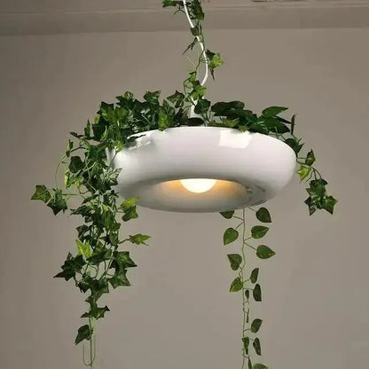 Modern white circular planter pendant light with trailing ivy decor on Tampa Home & Garden Store