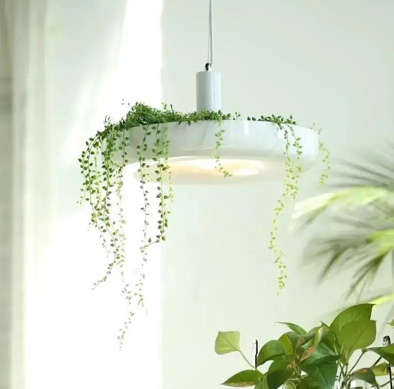 Modern white circular planter pendant ceiling light by Decorbites with trailing greenery on Tampa Home & Garden Store