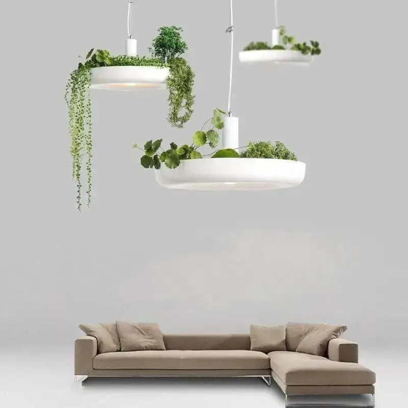 Modern white circular planter pendant light with greenery by Decorbites for ceiling fixture on Tampa Home & Garden Store