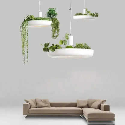 Modern white circular planter pendant light with greenery by Decorbites for ceiling fixture on Tampa Home & Garden Store