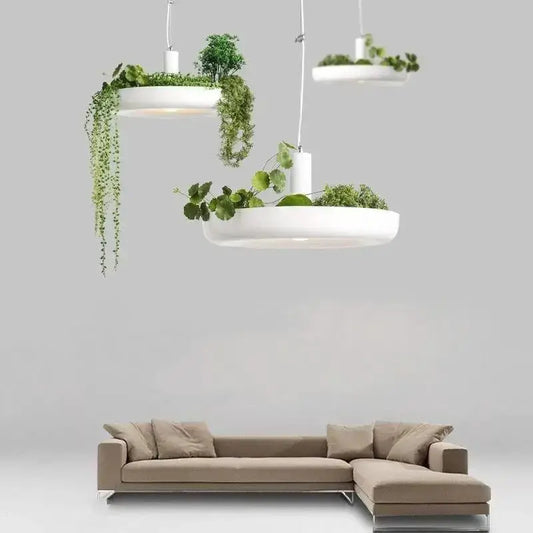 Modern white circular planter pendant light with greenery by Decorbites for ceiling fixture on Tampa Home & Garden Store