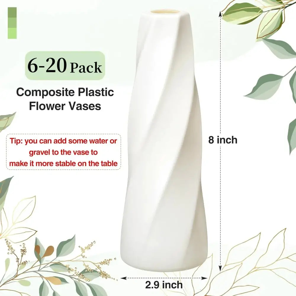 White Twisted Plastic Vases, Decorbites, 8-inch tall slender tapered form on Tampa Home & Garden Store