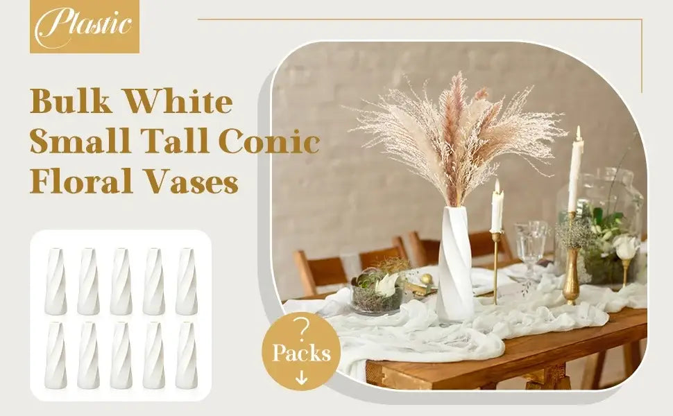 Bulk white twisted plastic vases set with conic shapes shown as dining table centerpiece on Tampa Home & Garden Store