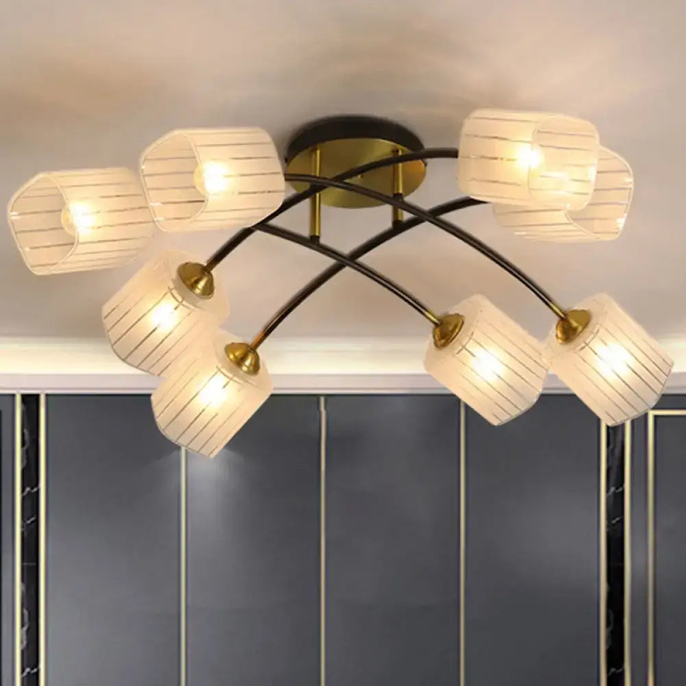 Black Gold Glass Ceiling Light, brass-accented flush mount with 8 white striped glass shades on Tampa Home & Garden Store