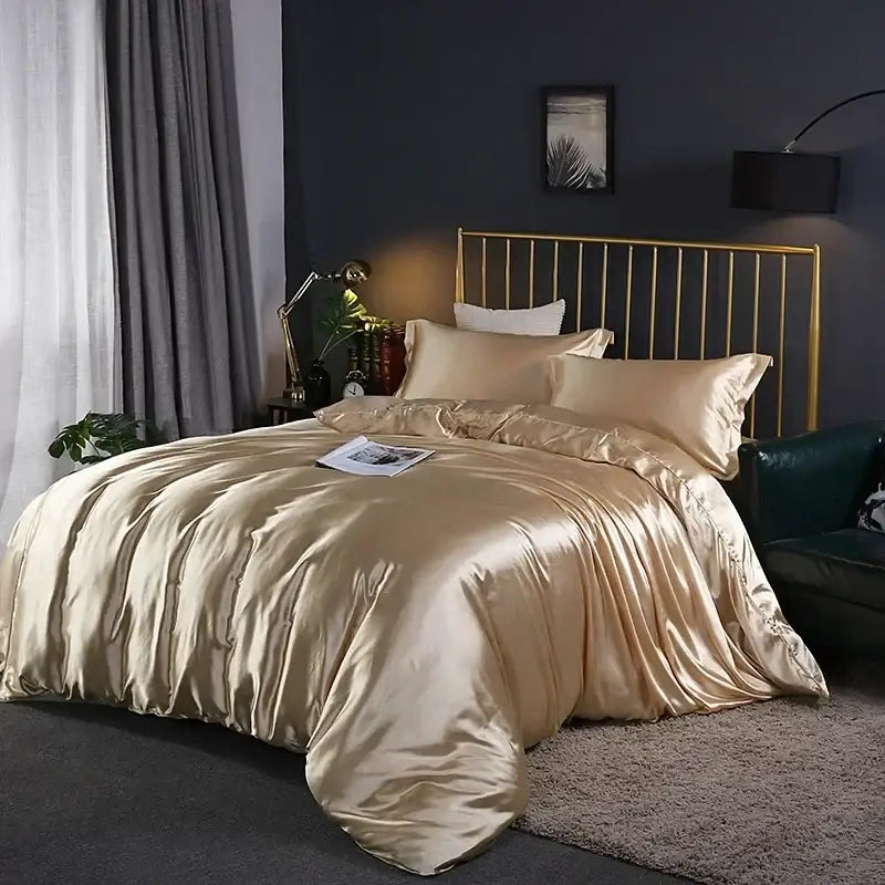 Emerald Satin Duvet Cover Set by Decorbites in champagne gold satin with matching shams on bed on Tampa Home & Garden Store