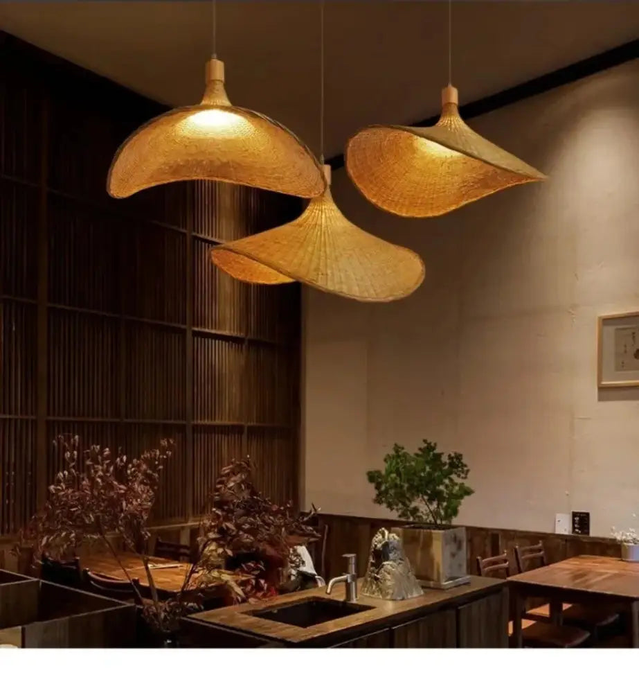 Woven golden brown rattan pendant lights with dimmable bamboo shade, Decorbites, set of 3 on Tampa Home & Garden Store