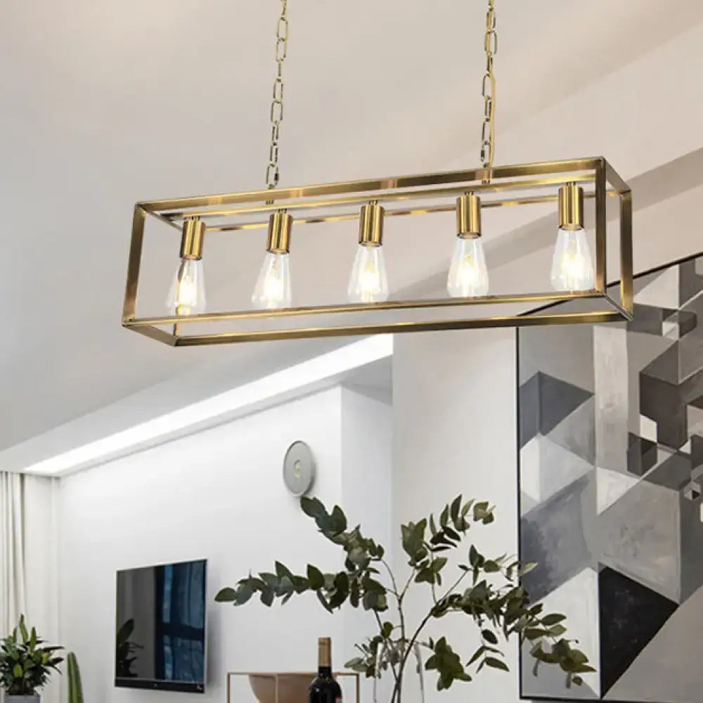 Brass Rectangle Island Light pendant by Decorbites with five bulbs, gold metal frame on Tampa Home & Garden Store