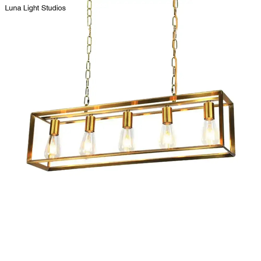 Brass Rectangle Island Light pendant by Decorbites with gold frame and five bulbs on two chains on Tampa Home & Garden Store