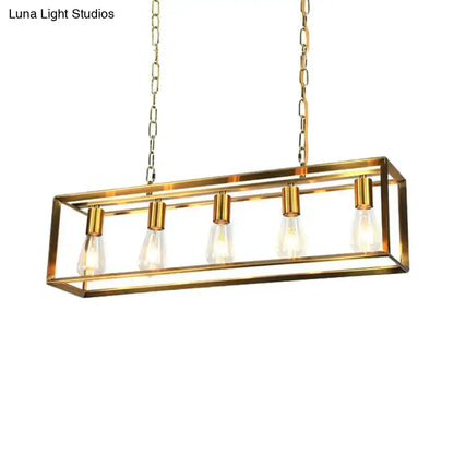 Brass Rectangle Island Light pendant by Decorbites with gold frame and five bulbs on two chains on Tampa Home & Garden Store