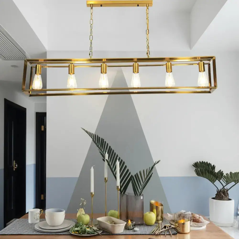 Brass Rectangle Island Light pendant with five clear Edison bulbs in a gold frame by Decorbites on Tampa Home & Garden Store